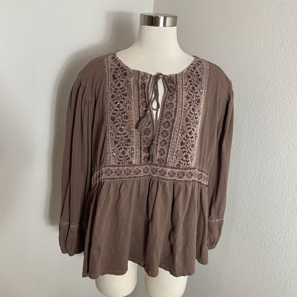 Lucky Brand Womens XL Embroidered Peasant Blouse Brown Long Sleeve Boho Shirt - Picture 1 of 12
